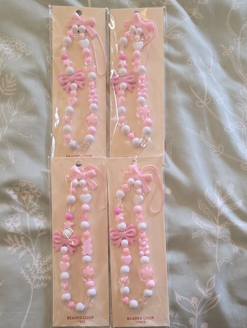 4 Pink Beaded Loops Accessory with Bows & Hearts For Your Cell Phones Or Bags